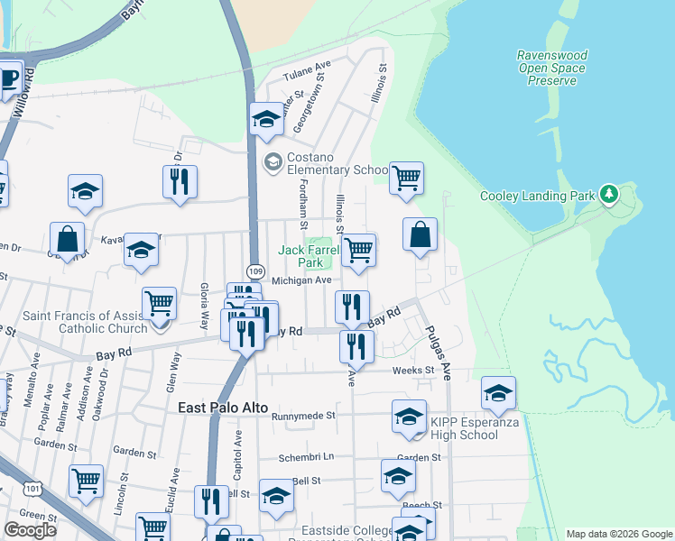 map of restaurants, bars, coffee shops, grocery stores, and more near 2509 Illinois Street in East Palo Alto
