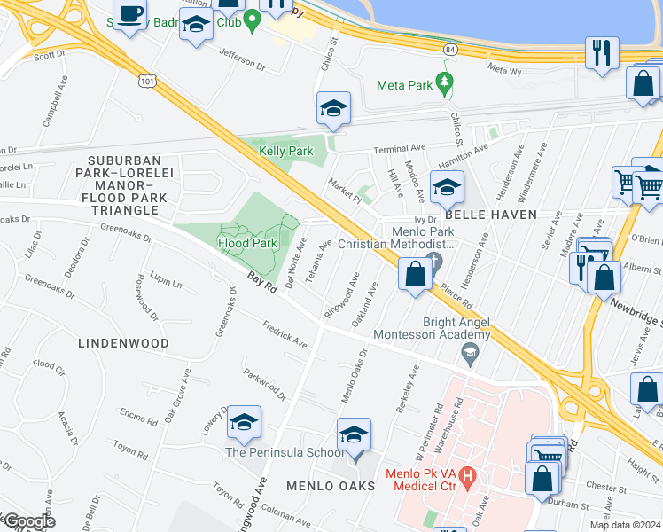 map of restaurants, bars, coffee shops, grocery stores, and more near 1049 Sonoma Avenue in Menlo Park