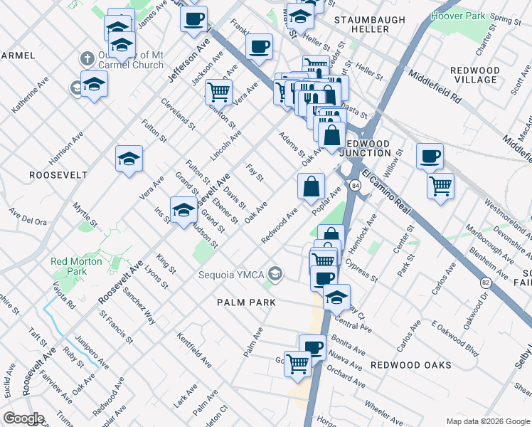 map of restaurants, bars, coffee shops, grocery stores, and more near 447 Oak Avenue in Redwood City