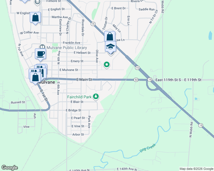 map of restaurants, bars, coffee shops, grocery stores, and more near 633 East Main Street in Mulvane