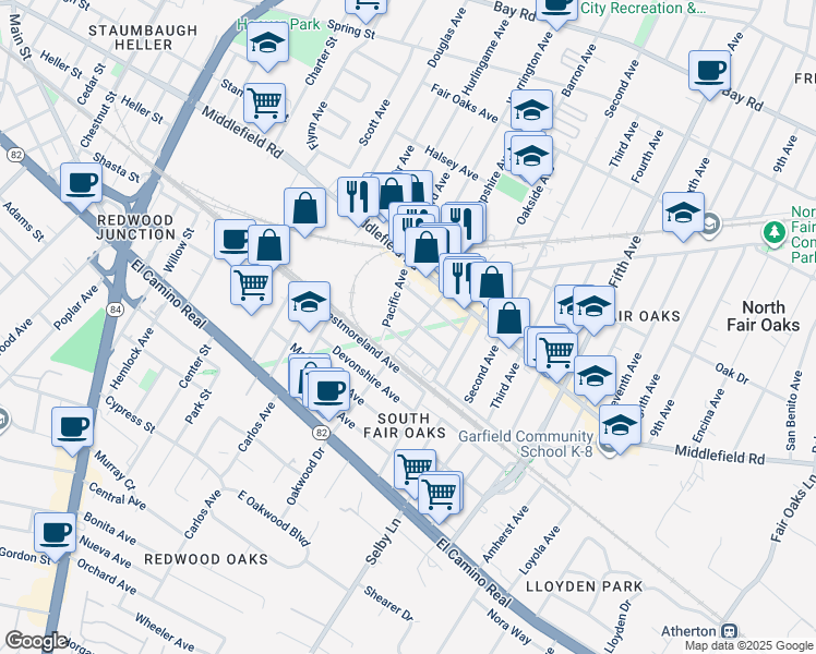 map of restaurants, bars, coffee shops, grocery stores, and more near 241 Dumbarton Avenue in Redwood City