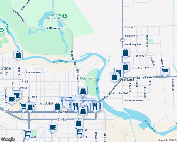 map of restaurants, bars, coffee shops, grocery stores, and more near 52 Cascade Avenue in Alamosa