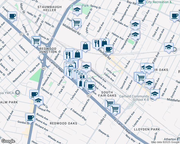 map of restaurants, bars, coffee shops, grocery stores, and more near 154 Buckingham Avenue in Redwood City