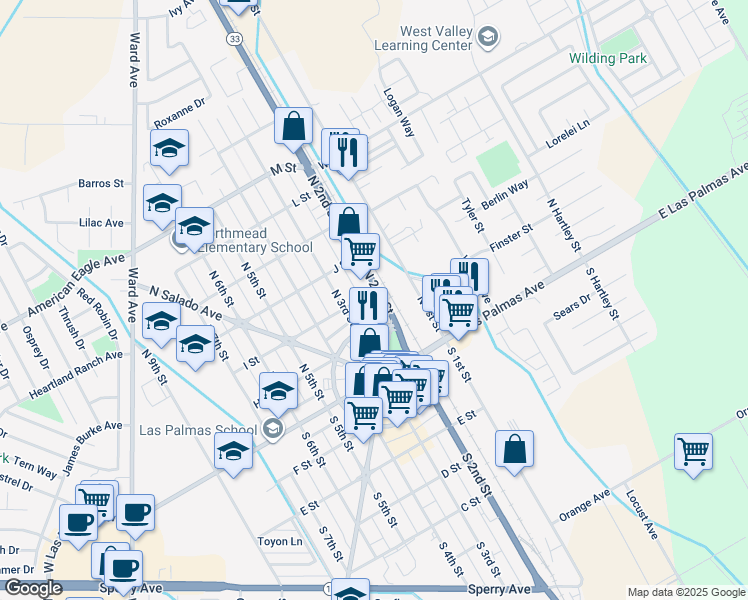 map of restaurants, bars, coffee shops, grocery stores, and more near 200 North 2nd Street in Patterson
