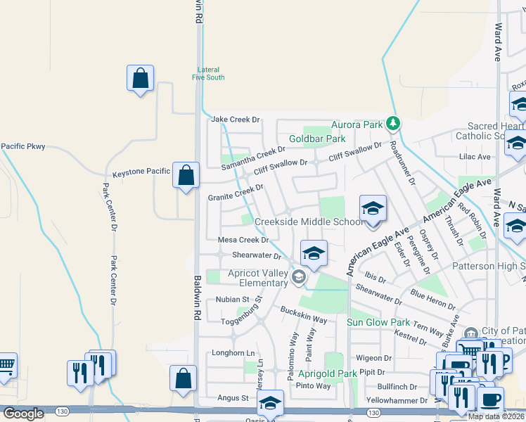 map of restaurants, bars, coffee shops, grocery stores, and more near 512 Placer Creek Drive in Patterson