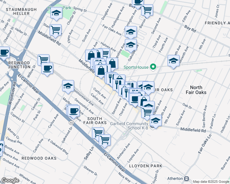 map of restaurants, bars, coffee shops, grocery stores, and more near 2943 Middlefield Road in Redwood City