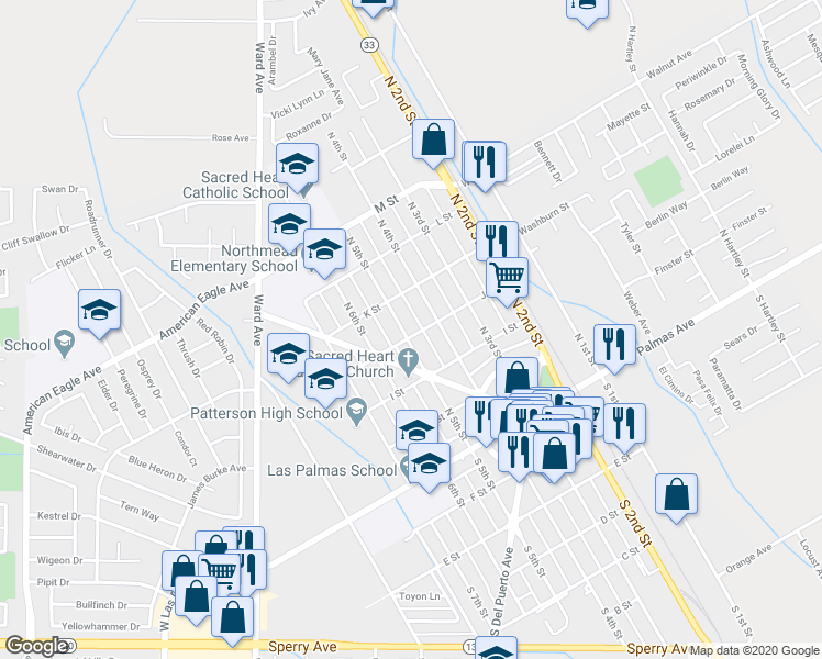 map of restaurants, bars, coffee shops, grocery stores, and more near 477 J Street in Patterson