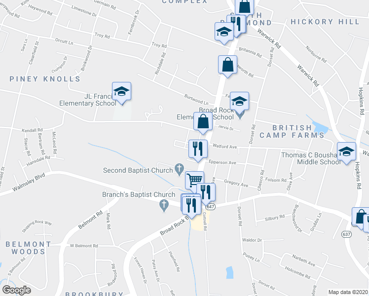 map of restaurants, bars, coffee shops, grocery stores, and more near 3298 Snead Court in Richmond