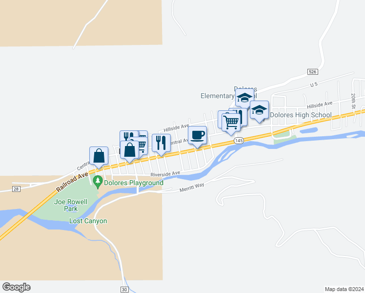 map of restaurants, bars, coffee shops, grocery stores, and more near 715 Railroad Avenue in Dolores
