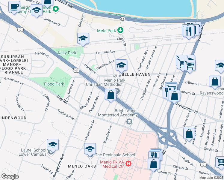 map of restaurants, bars, coffee shops, grocery stores, and more near 1130 Menlo Oaks Drive in Menlo Park