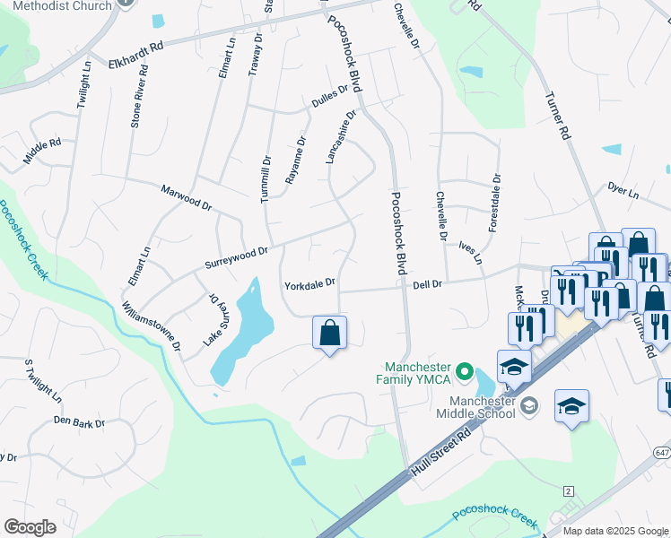 map of restaurants, bars, coffee shops, grocery stores, and more near 7717 Lancashire Court in Richmond