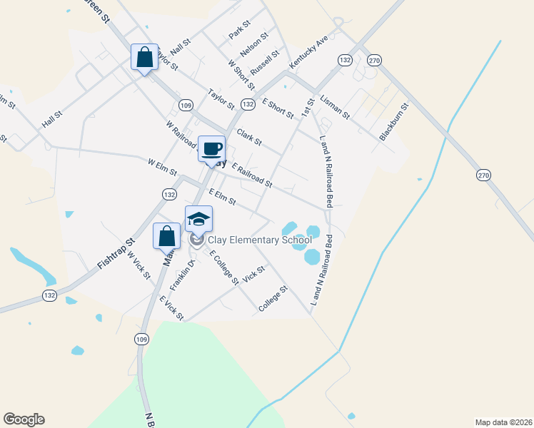 map of restaurants, bars, coffee shops, grocery stores, and more near 118-126 1st Street in Clay