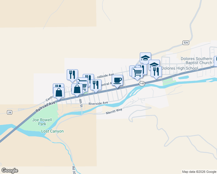 map of restaurants, bars, coffee shops, grocery stores, and more near 715 Railroad Avenue in Dolores
