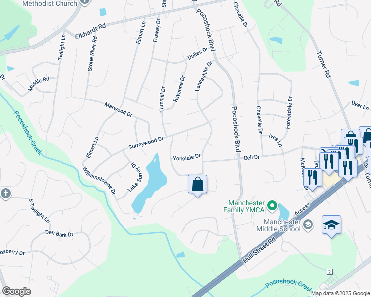 map of restaurants, bars, coffee shops, grocery stores, and more near 2026 Surreywood Court in Richmond