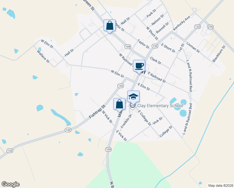 map of restaurants, bars, coffee shops, grocery stores, and more near 9282-9570 State Highway 132 in Clay