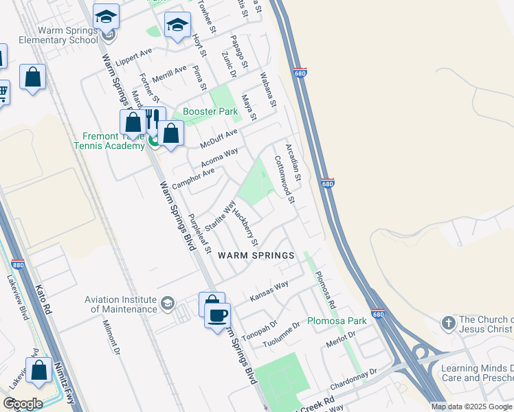 map of restaurants, bars, coffee shops, grocery stores, and more near 48254 Turquoise Street in Fremont