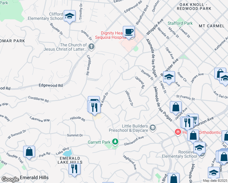 map of restaurants, bars, coffee shops, grocery stores, and more near 878 Hillcrest Drive in Redwood City