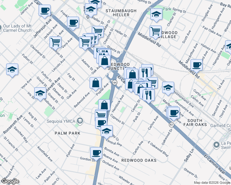 map of restaurants, bars, coffee shops, grocery stores, and more near 108 Hazel Avenue in Redwood City