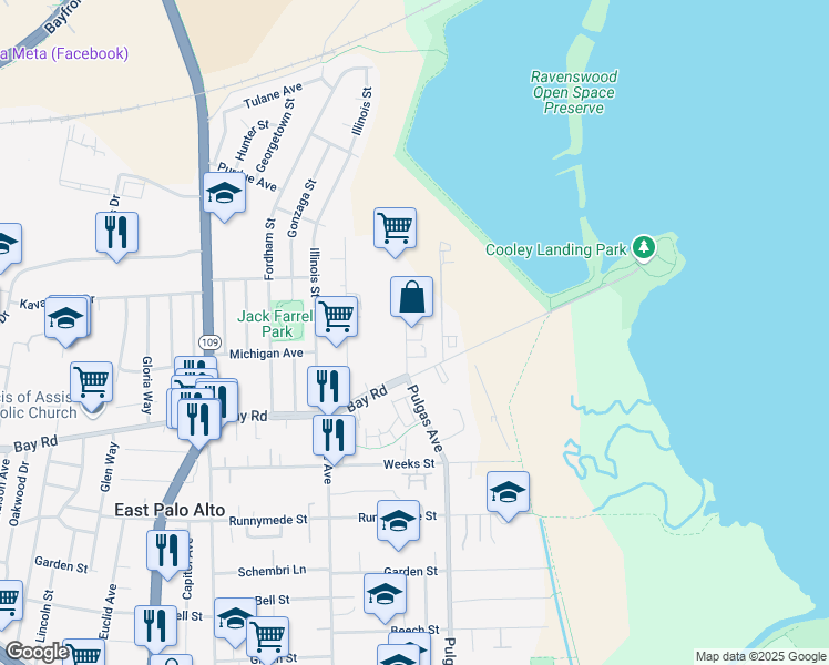 map of restaurants, bars, coffee shops, grocery stores, and more near 2524 Pulgas Avenue in East Palo Alto