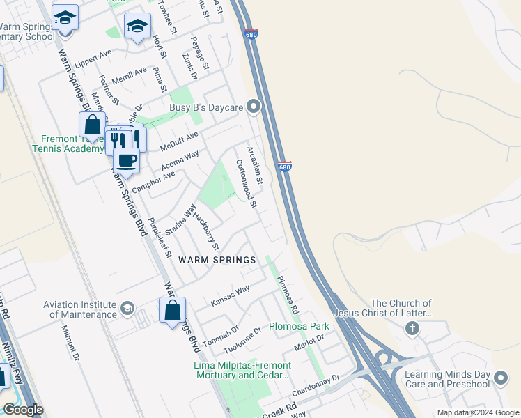 map of restaurants, bars, coffee shops, grocery stores, and more near 48346 Cottonwood Street in Fremont