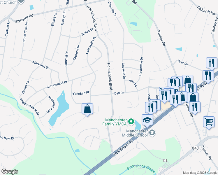map of restaurants, bars, coffee shops, grocery stores, and more near 2024 Pocoshock Boulevard in Richmond