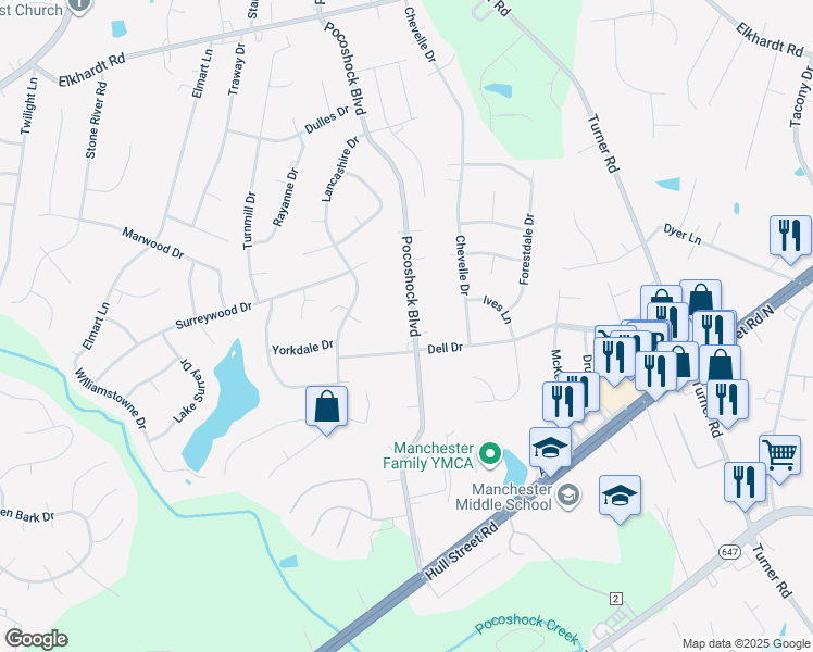 map of restaurants, bars, coffee shops, grocery stores, and more near 2024 Pocoshock Boulevard in Richmond