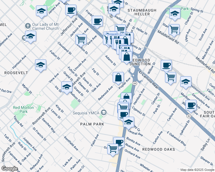map of restaurants, bars, coffee shops, grocery stores, and more near 330 Redwood Avenue in Redwood City