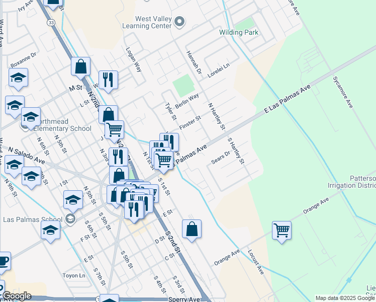 map of restaurants, bars, coffee shops, grocery stores, and more near 267 East Las Palmas Avenue in Patterson