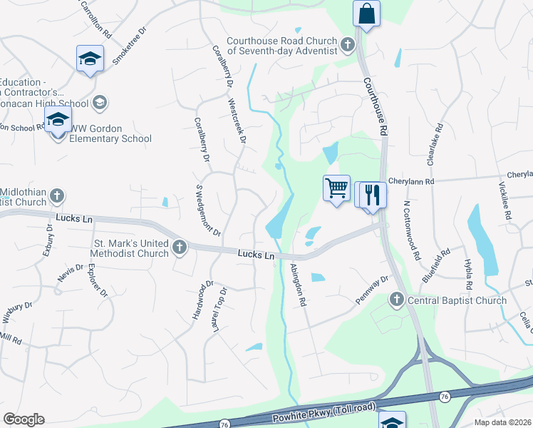 map of restaurants, bars, coffee shops, grocery stores, and more near 11401 Briarhurst Road in Richmond