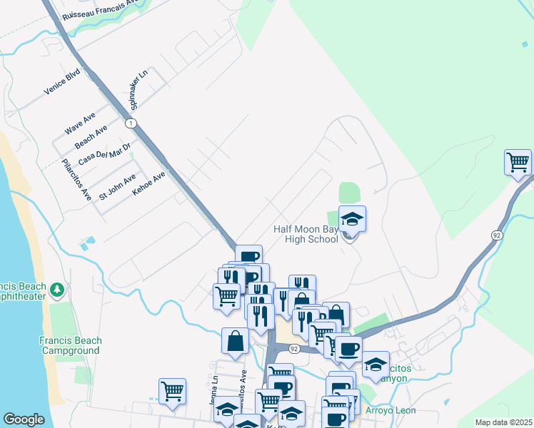 map of restaurants, bars, coffee shops, grocery stores, and more near 567 Terrace Avenue in Half Moon Bay