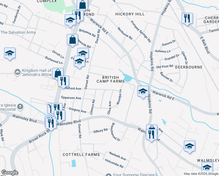map of restaurants, bars, coffee shops, grocery stores, and more near 4206 Welford Avenue in Richmond