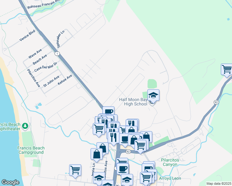 map of restaurants, bars, coffee shops, grocery stores, and more near 567 Terrace Avenue in Half Moon Bay