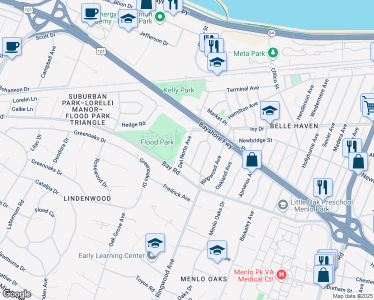 map of restaurants, bars, coffee shops, grocery stores, and more near 1028 Del Norte Avenue in Menlo Park