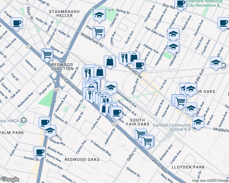 map of restaurants, bars, coffee shops, grocery stores, and more near 2690 Westmoreland Avenue in Redwood City