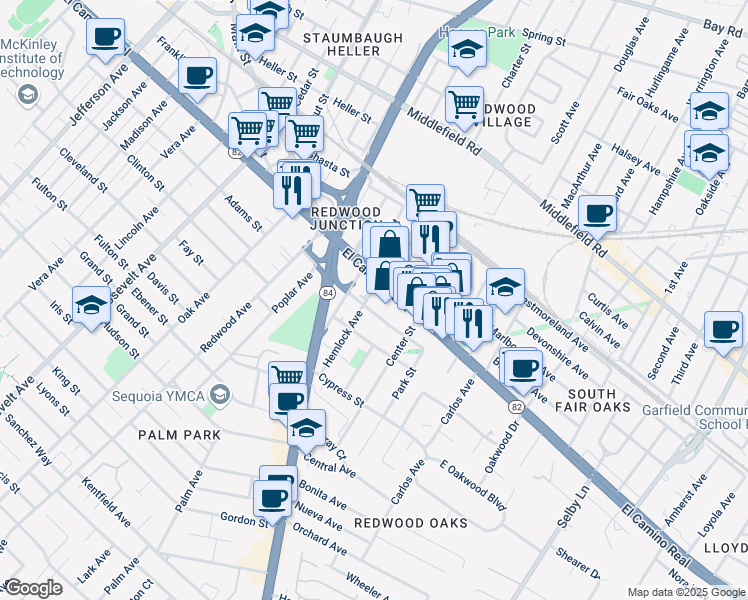 map of restaurants, bars, coffee shops, grocery stores, and more near 65 Hemlock Avenue in Redwood City