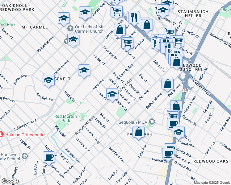 map of restaurants, bars, coffee shops, grocery stores, and more near 740 Roosevelt Avenue in Redwood City
