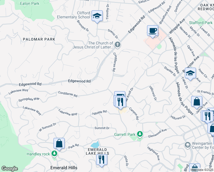 map of restaurants, bars, coffee shops, grocery stores, and more near 1698 Cordilleras Road in Emerald Hills