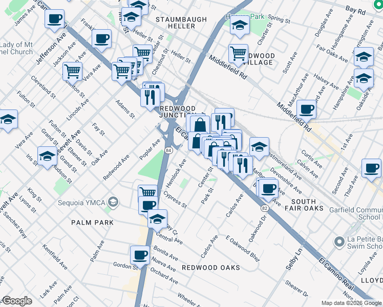 map of restaurants, bars, coffee shops, grocery stores, and more near 65 Hemlock Avenue in Redwood City