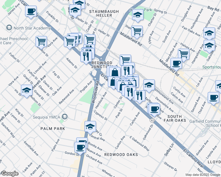 map of restaurants, bars, coffee shops, grocery stores, and more near 65 Hemlock Avenue in Redwood City