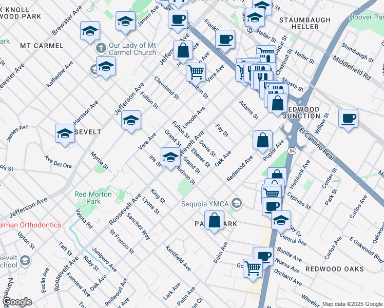 map of restaurants, bars, coffee shops, grocery stores, and more near 1124 Ebener Street in Redwood City