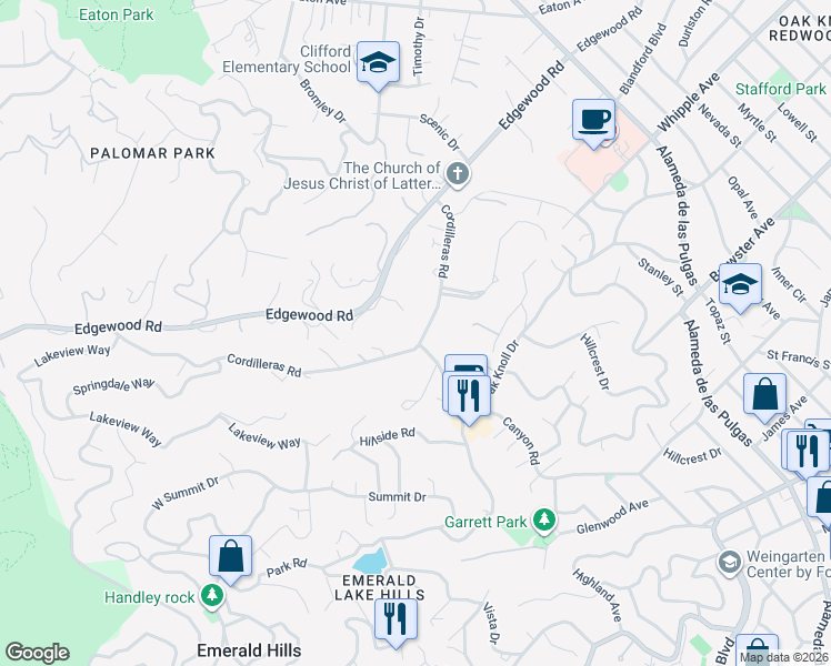 map of restaurants, bars, coffee shops, grocery stores, and more near 1698 Cordilleras Road in Emerald Hills