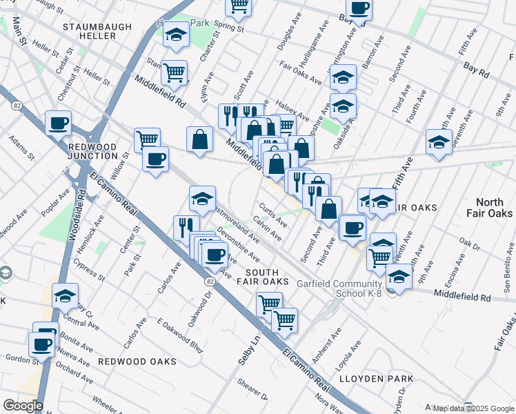 map of restaurants, bars, coffee shops, grocery stores, and more near 2804 Curtis Avenue in Redwood City