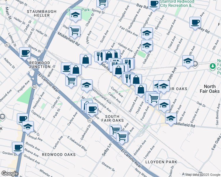 map of restaurants, bars, coffee shops, grocery stores, and more near 2804 Curtis Avenue in Redwood City