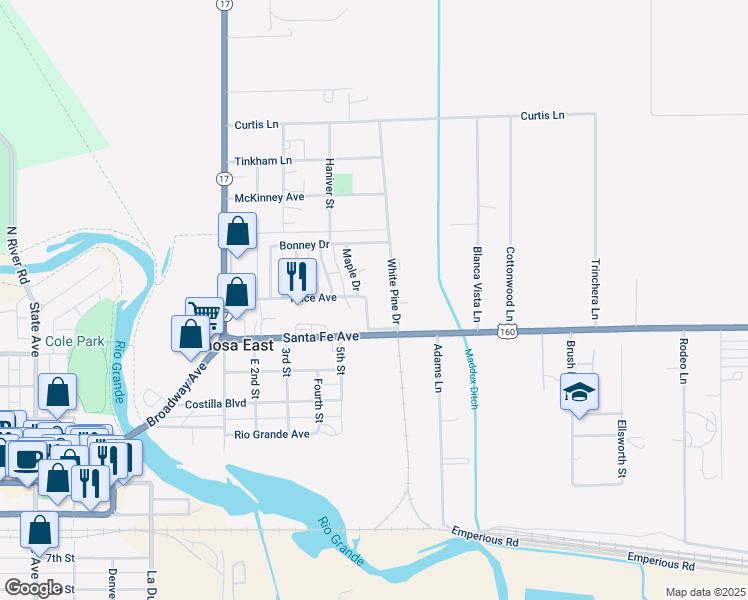 map of restaurants, bars, coffee shops, grocery stores, and more near 107 Price Avenue in Alamosa
