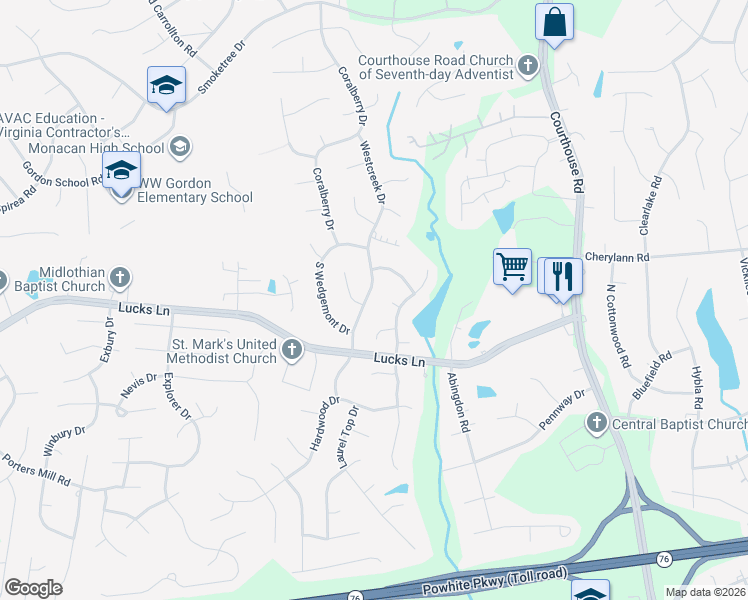 map of restaurants, bars, coffee shops, grocery stores, and more near 1125 Westcreek Drive in Richmond
