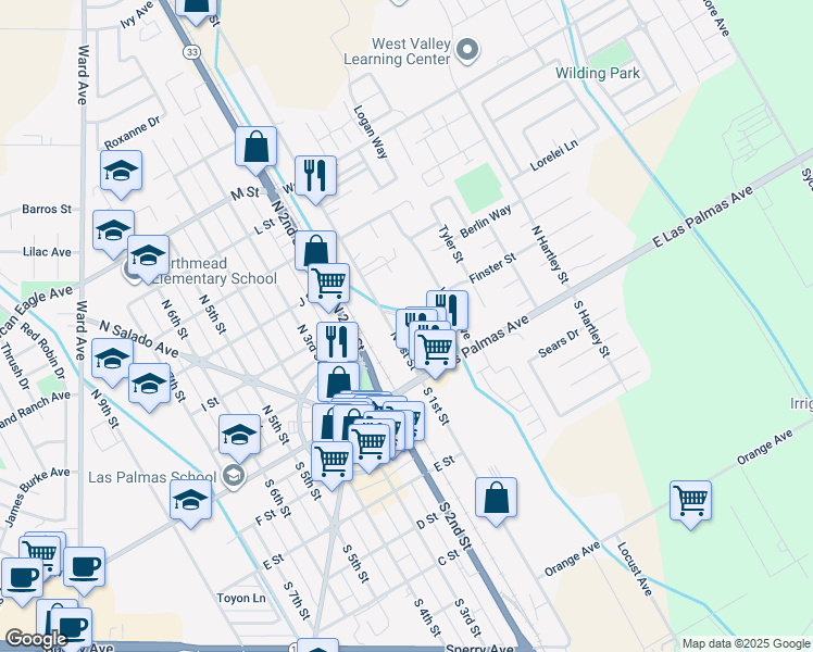 map of restaurants, bars, coffee shops, grocery stores, and more near 107 North 1st Street in Patterson