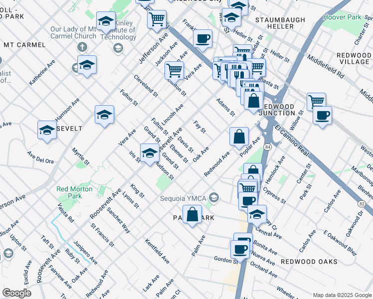 map of restaurants, bars, coffee shops, grocery stores, and more near 1162 Davis Street in Redwood City