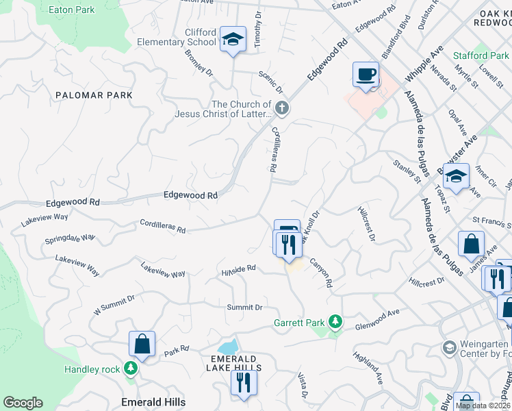 map of restaurants, bars, coffee shops, grocery stores, and more near 1698 Cordilleras Road in Emerald Hills