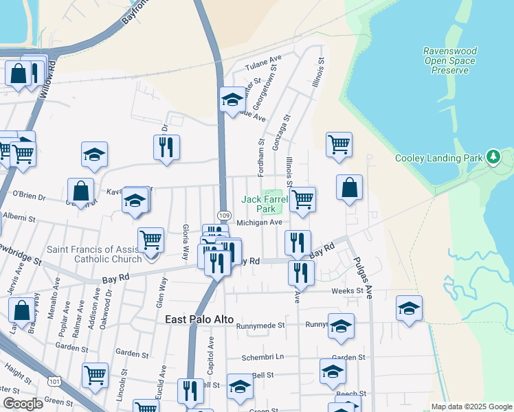 map of restaurants, bars, coffee shops, grocery stores, and more near 2529 Fordham Street in East Palo Alto