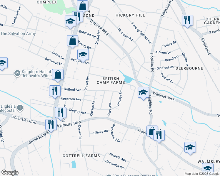 map of restaurants, bars, coffee shops, grocery stores, and more near 4206 Welford Avenue in Richmond